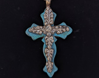 Tibetan Silver Turquoise Cross Pendant, Southwestern Boho Faith Jewelry (P7-69)