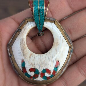 Uniquely Designed Tibetan Brass Medallion Pendant with Turquoise and Coral inlay (p6-022)