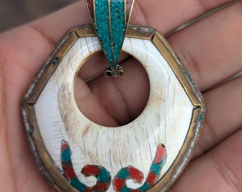 Uniquely Designed Tibetan Brass Medallion Pendant with Turquoise and Coral inlay (p6-022)
