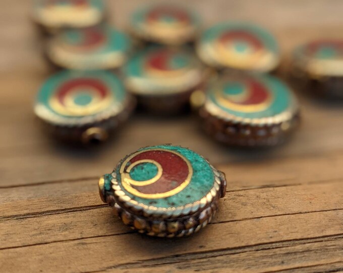 Handcraft 10 Beads - Rice bean shape ethnic Himalayan bead with circles design brass turquoise coral inlays