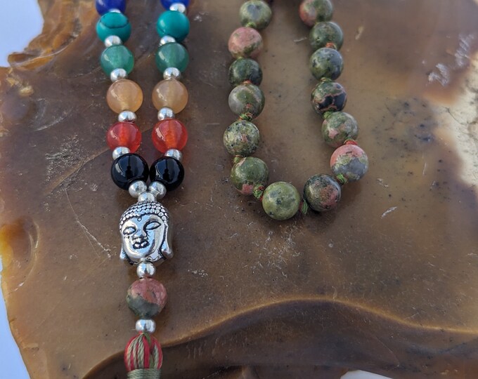 unakite jasper with 7 Chakra stone/ unakite jasper mala/ unakite jasper Bead Meditation Mala knotted, 108 Beads/ unakite jasper Crystal mala