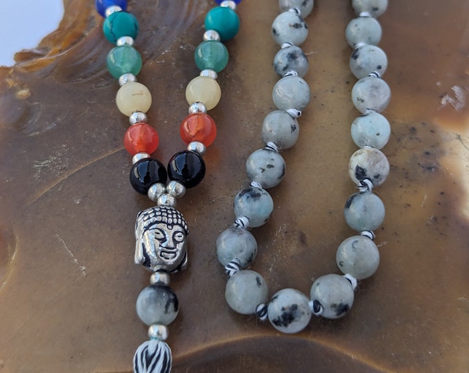 kiwi jasper with 7 Chakra stone/ Sesame jasper mala/ kiwi jasper Meditation Mala knotted, 108 Beads beaded mala / Kiwi jasper mala