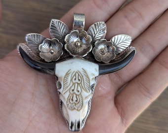 Hand-Carved Buffalo Bone Skull Pendant: Tibetan Silver Floral Bull Head FA03
