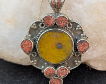 Handmade Vintage Tibetan Amber Amulet pendant with Turquoise and coral inlay (p6-030)