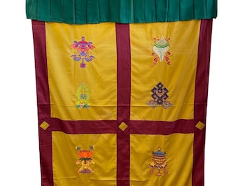 Embroidered Tibetan Door Curtain: 8 Auspicious Symbols, 42x72 Inches
