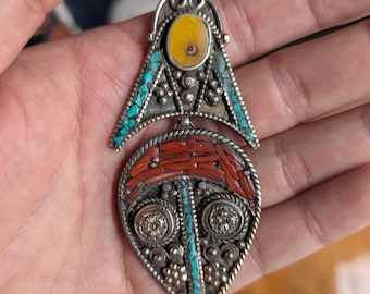 Unique Tibetan Vintage Filigree Pendant with Coral, Copal, and Turquoise Inlays - 90 mm (p6-006)