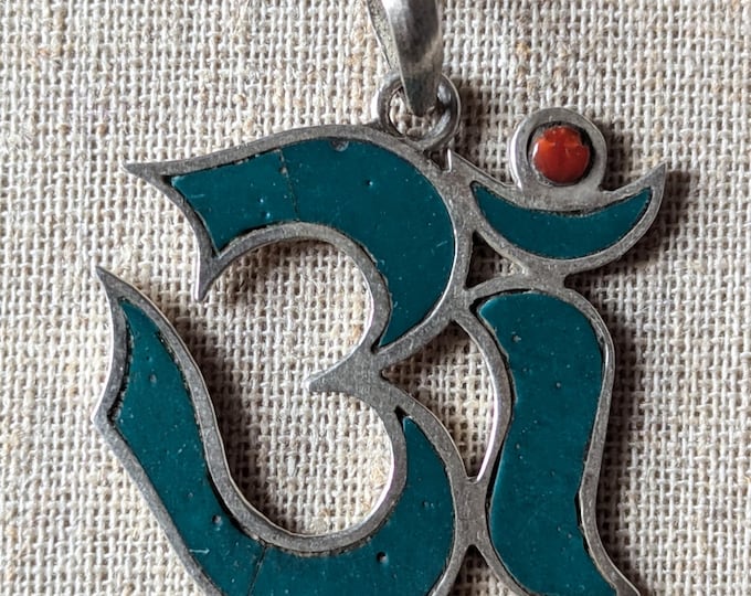 Om Pendant, Tibetan Healing Jewelry on Coral Lapis turquoise and Tibetan Om  Pendant comes with Gift Pouch.