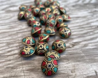 Handcraft Beads: Rice bean Shape Himalayan bead with circles design brass turquoise coral inlays