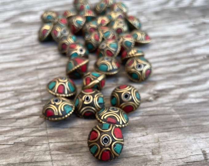 Handcraft Beads: Rice bean Shape Himalayan bead with circles design brass turquoise coral inlays