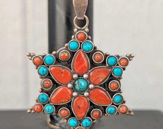 P3/75- Silver Pendant with Coral and Turquoise gemstone (T12-075)