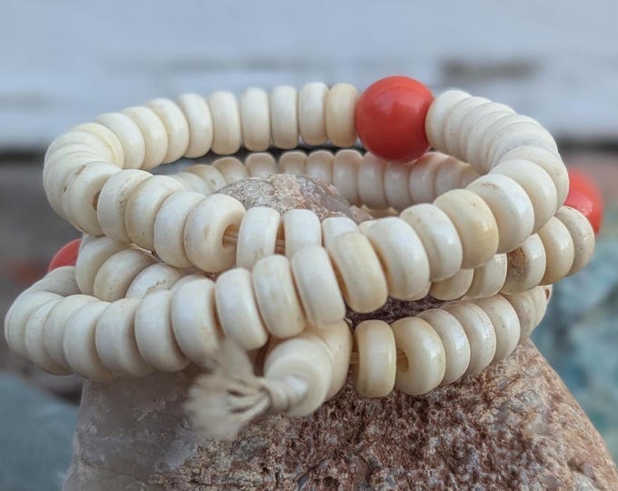 Tibetan Buddhist White Yak Bone Beads Mala with Coral Guru Bead—Handcrafted Meditation Necklace (bm-113)