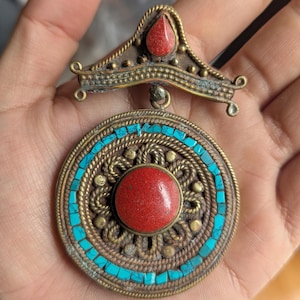 Unique Tibetan Vintage Coral and Turquoise Inlaid Pendant—Ethnic Jewelry Design (p6 / 004)
