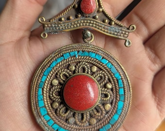 Unique Tibetan Vintage Coral and Turquoise Inlaid Pendant—Ethnic Jewelry Design (p6 / 004)