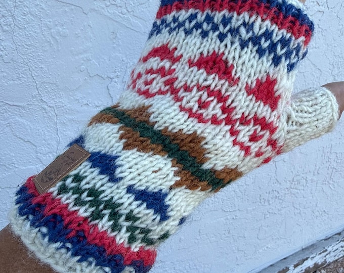 Handmade woolen knit fleece-lined multi color fingerless gloves