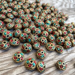 5x10 mm long Handcraft (10 Beads): Rice bean-shaped ethnic Himalayan bead with circles design brass turquoise coral inlays)