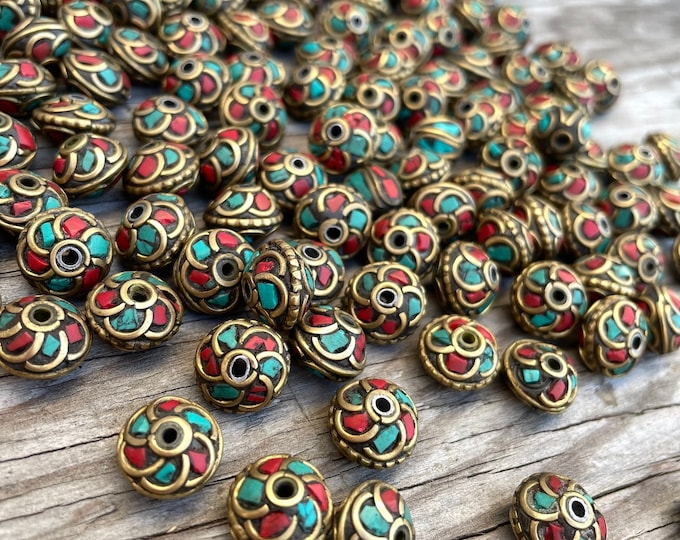 5x10 mm long Handcraft (10 Beads): Rice bean-shaped ethnic Himalayan bead with circles design brass turquoise coral inlays)