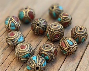 Handcraft 12 Beads - Rice bean shape ethnic Himalayan bead with circles design brass turquoise coral inlays