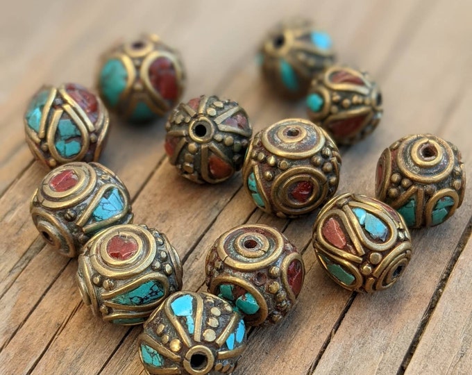 Handcraft 12 Beads - Rice bean shape ethnic Himalayan bead with circles design brass turquoise coral inlays