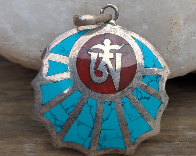 Handmade sterling silver with turquoise, lapis lazuli and coral silver om mani padme hum medallion pendant collection (p7-034)