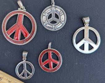 Silver Peace Pendant with Coral Inlay / Plain Silver Peace Pendant / Handmade Nepal Peace Sign, Vintage Peace. Symbol of Love Pendant (P-5)
