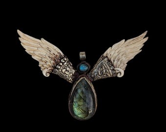 PE101 Eagle Pendant with Labradorite Natural Stone Tibetan silver pendant, Tibetan jewelry, statement jewelry, birthstone, natural gemstone