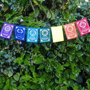 May include: Seven colorful fabric flags with white text and symbols, hanging from a string. The flags represent the seven chakras, with each flag featuring a different color and symbol. The text on the flags includes the name of each chakra and a short description.