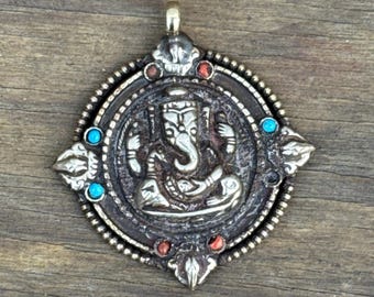 P3/48 - Ganesh Silver Pendant with Coral and Turquoise (T12-048)