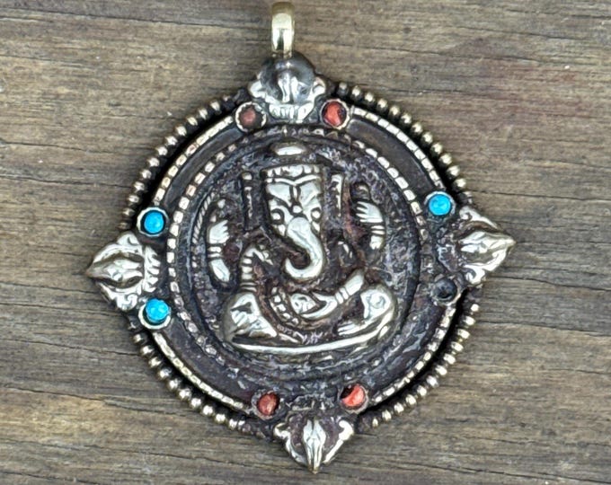 P3/48 - Ganesh Silver Pendant with Coral and Turquoise (T12-048)