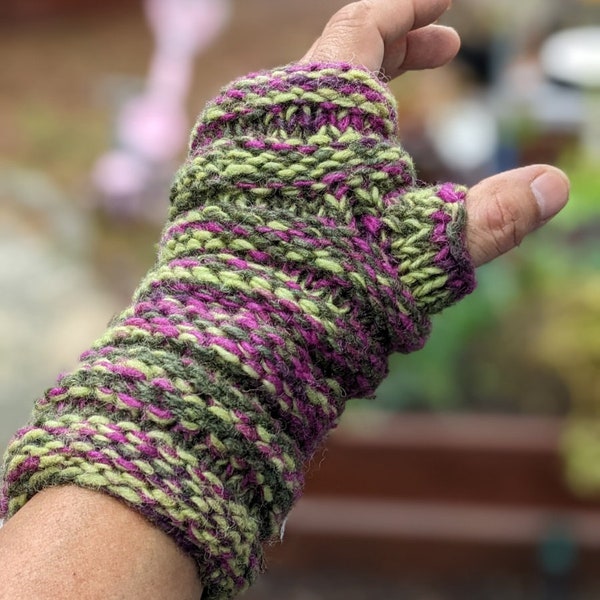 Handmade woolen knit fleece lined multi color unisex fingerless gloves