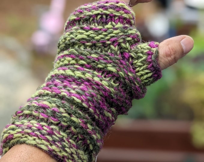 Handmade woolen knit fleece lined multi color unisex fingerless gloves