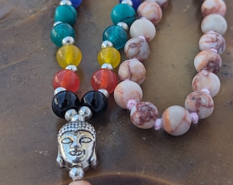 Red picasso jasper with 7 Chakra stone/ marble jasper mala/ red picasso jasper Meditation Mala knotted, 108 Beads/marble jasper Crystal mala