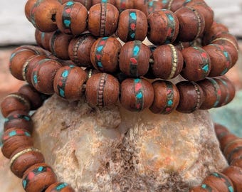 Handcrafted Tibetan Mala, bodhi seed Beads with Turquoise and Coral Inlay, Meditation Necklace 108 beads ( bm-108)