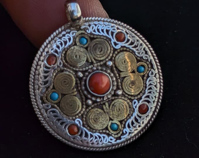 Filigree mandala with coral and Turquoise Pendant.(T1103-006)