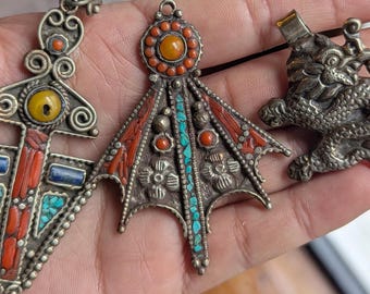 Antique Tibetan Dragon pendant collection with Amber , Turquoise and Coral inlay (p6-015)