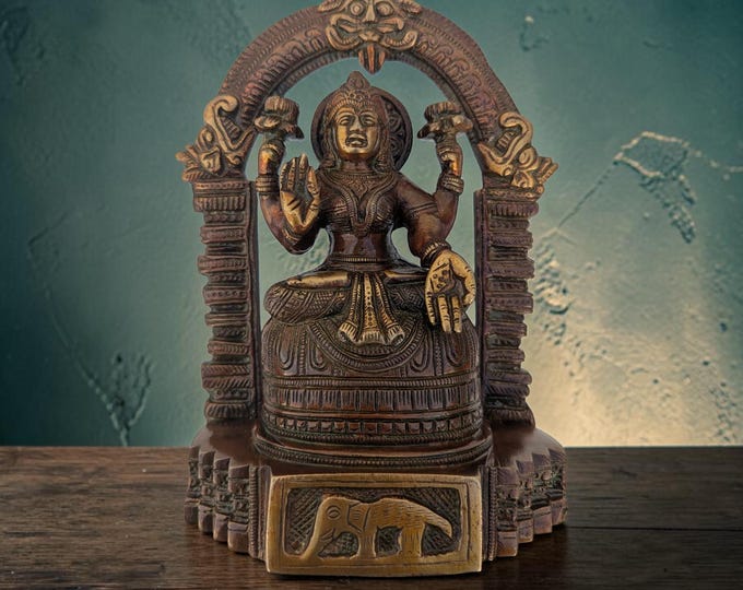 Brass Lakshmi Deity Statue, Hindu Goddess of Abundance, Vintage Arch Design