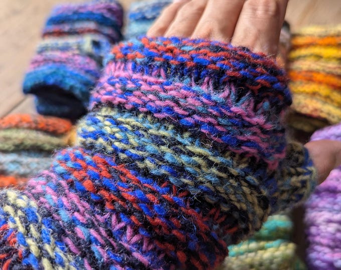 Handmade woolen knit fleece lined multi color unisex fingerless gloves
