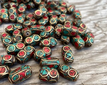 Handcraft 5–15 mm Beads: Rice bean-shaped ethnic Himalayan bead with circles design brass turquoise coral inlays