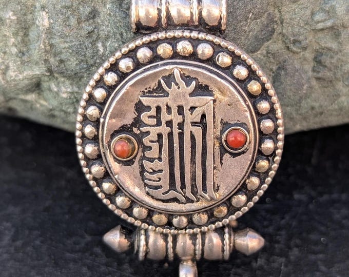 Tibetan Ethnic Sanskrit Mantra Pendant Collection in silver with turquoise and coral medallions (p6-033)