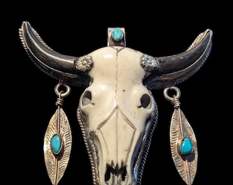 Hand-Carved Buffalo Bone Skull Pendant: Tibetan Silver Floral Bull Head PE108-B