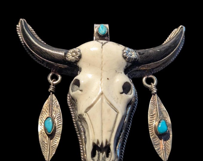 Hand-Carved Buffalo Bone Skull Pendant: Tibetan Silver Floral Bull Head PE108-B