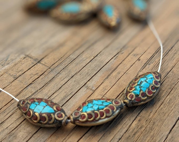 Handcraft 10 Beads - Rice bean shape ethnic Himalayan bead with circles design brass turquoise coral inlays
