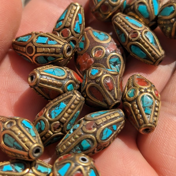 30 assorted Tibetan Beads - Rice bean shape ethnic Himalayan bead with circles design brass turquoise coral inlays