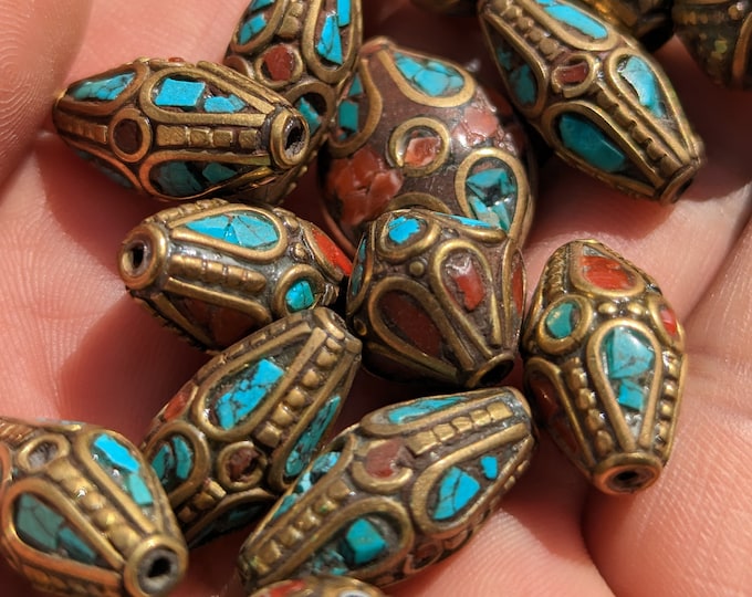 30 assorted Tibetan Beads - Rice bean shape ethnic Himalayan bead with circles design brass turquoise coral inlays