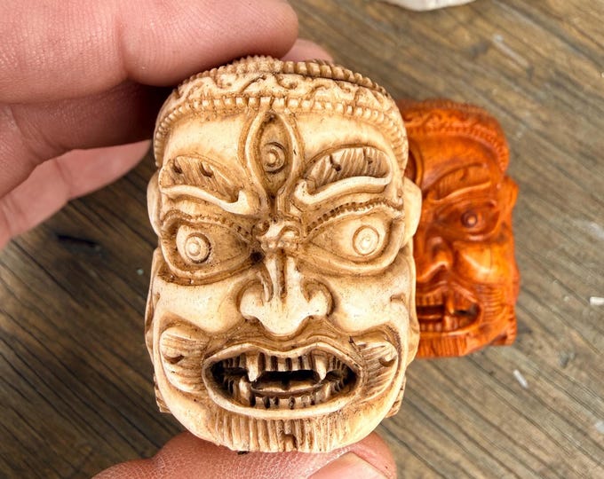 MaHakala deity Vintage Hand-Carved Yak Bone Skull Bead: Tibetan wrathful protector deity All handmade