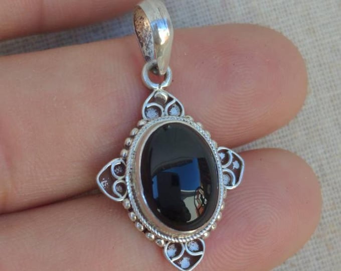 Sterling Silver Oval Onyx Pendant, Anniversary Gift