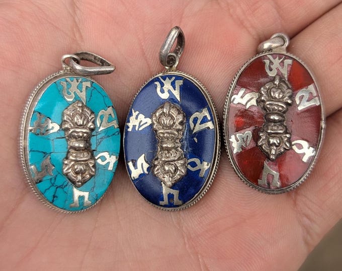 Handmade sterling silver with turquoise, lapis lazuli and coral silver om mani padme hum with dorjee medallion pendant collection (p7-033)
