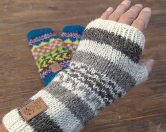 Handmade woolen knit fleece-lined multi color fingerless gloves