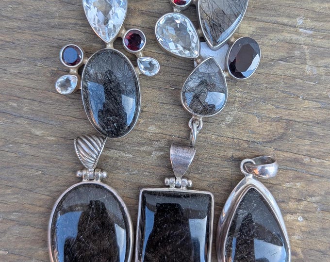 Vintage sterling silver pendant collection with black rutilated quartz and ruby gemstone (p7-055)