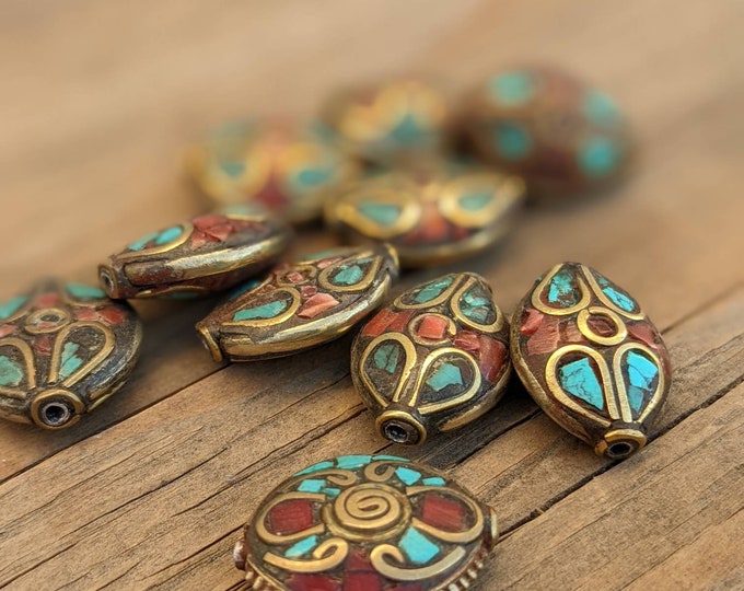 Handcraft 10 Beads - Rice bean shape ethnic Himalayan bead with circles design brass turquoise coral inlays