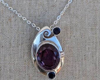Oval Amethyst 925 Sterling Silver Pendant - Tibetan Style